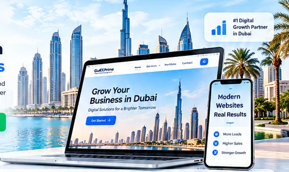 Dubai skyline with modern business website displayed on laptop and phone